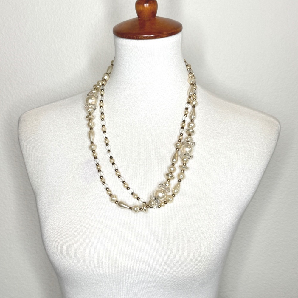 Vintage Faux Pearl Long Necklace Gold Colored Beads